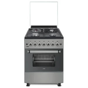 MIKA Standing Cooker, 50cm x 60cm, 3 Gas Pool Jet Burners + 1 RAPID Hot Plate, Button Ignition, 4 Function Electric Oven, Rotisserie, Black Hob, Silver Body